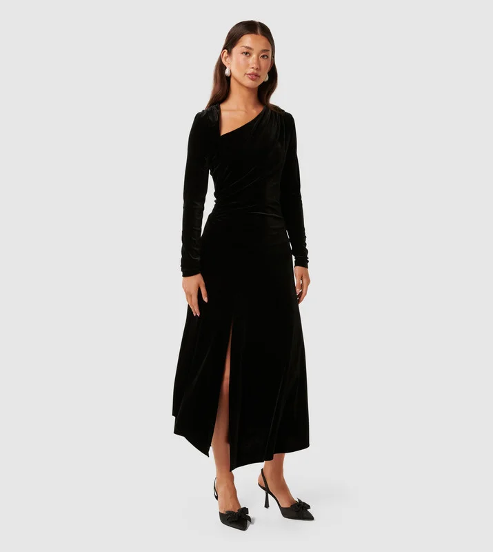forever new  SAWYER Asym Velvet Drape Midi Dress for Women | Best Price UAE